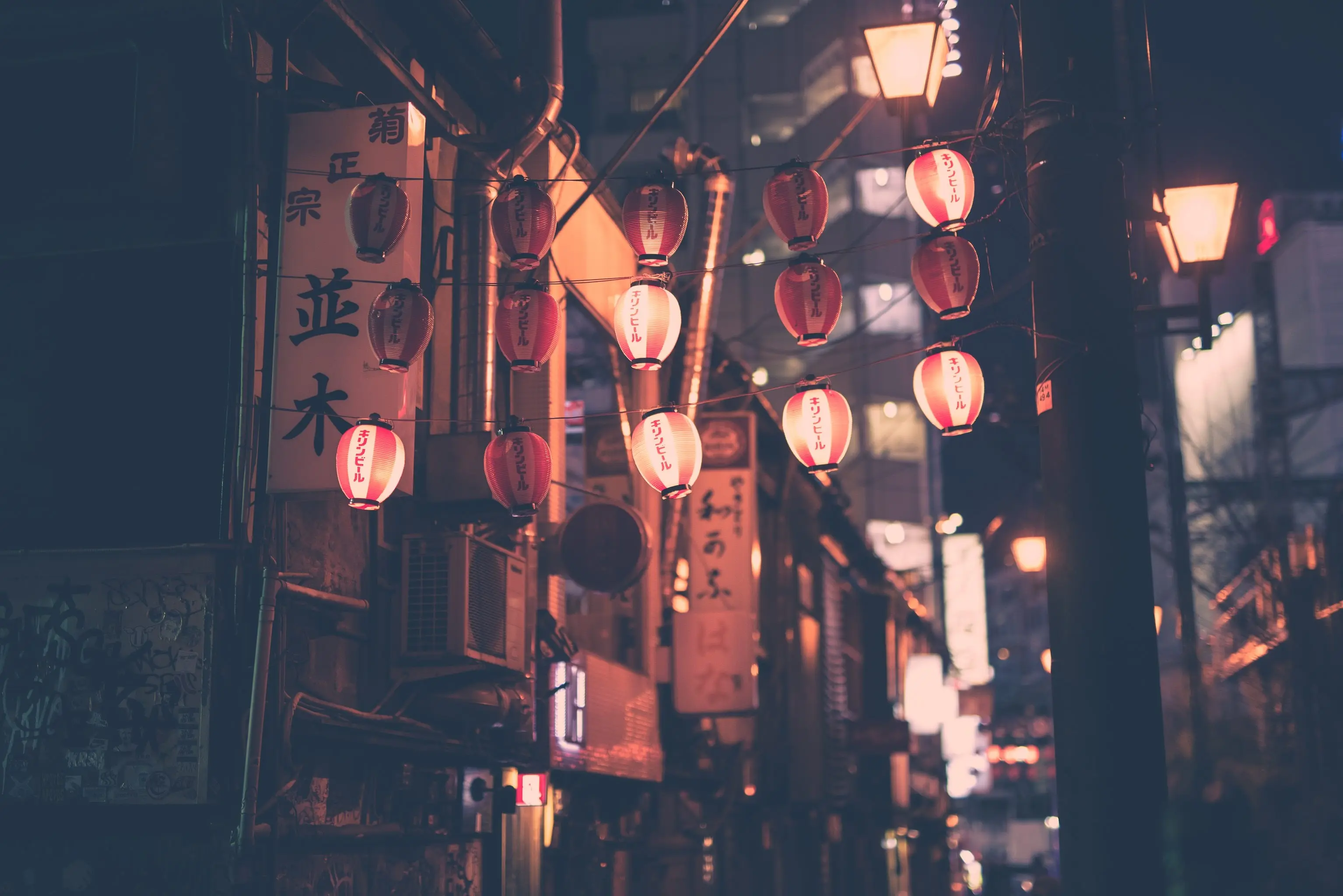 Een foto van een straat in japan met lantaarns